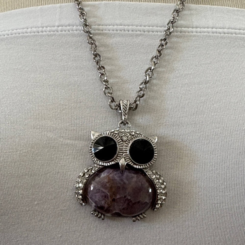 Vintage amethyst and crystal owl, necklace, silver tone